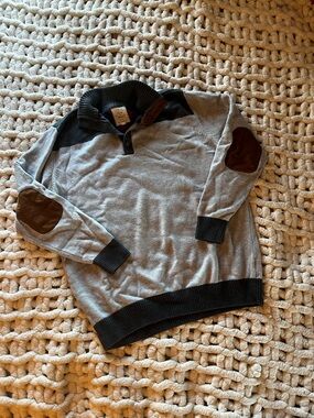 Men's Gray Zip-Up Sweater with Black Trim and Brown Elbow Patches